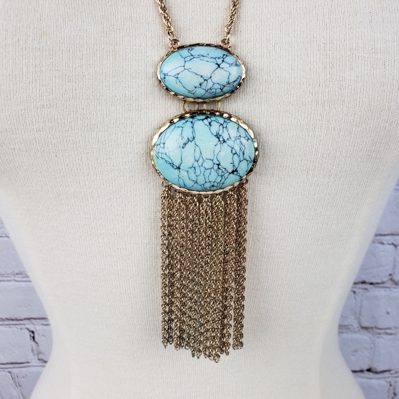 Faux Turquoise Pendant Rope Chain Fringe Long Statement Necklace Boho Vintage - Picture 2 of 9